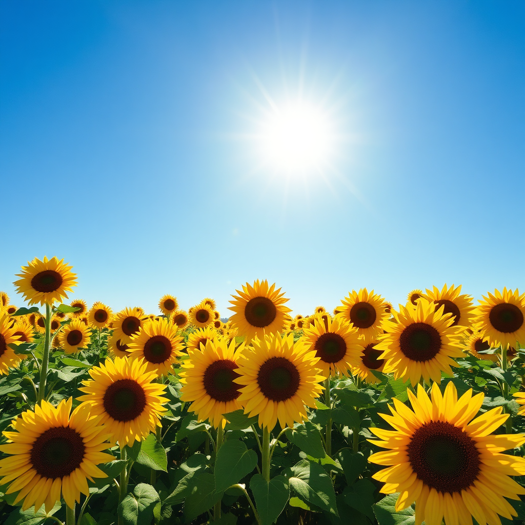 Field of sunflowers under a blue sky