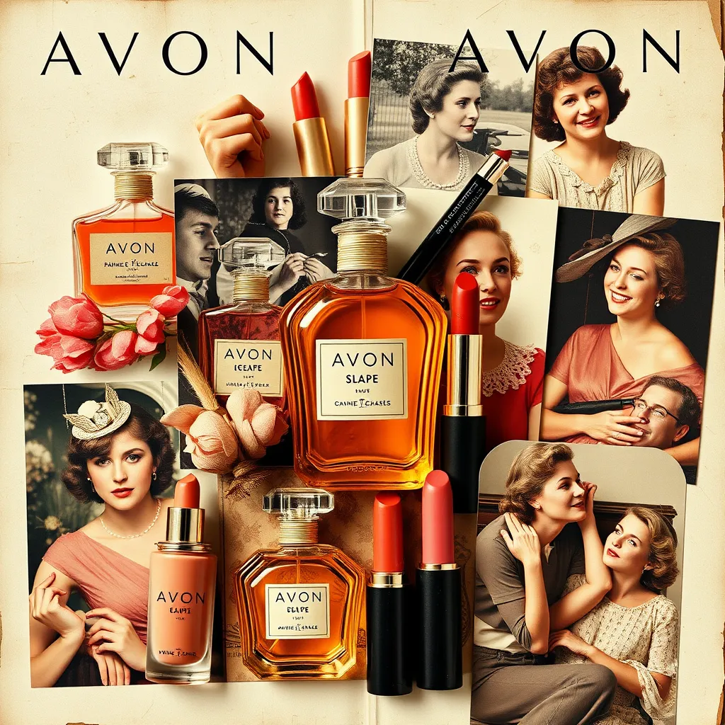 Klasik Avon ürünlerini ve farklı dönemlerden görüntüleri sergileyen vintage esintili bir fotoğraf kolajı. Vintage parfüm şişeleri, ikonik ruj renkleri ve geçmişte Avon ürünlerinin tadını çıkaran kadınların görüntülerini ekleyin. Nostaljik bir his için soluk renkler ve vintage dokular kullanın.