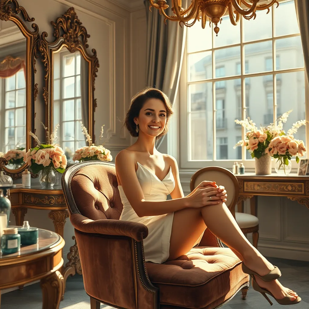 Paris güzellik salonunun özünü yakalayan, vintage esintili bir fotoğraf. Klasik Fransız zarafetine sahip bir kadın, yumuşak kadife bir sandalyede oturuyor ve bacak ağdası tedavisi görüyor. Salon, karmaşık, yaldızlı aynalar ve zarif çiçek aranjmanlarıyla süslenmiş. Güneş ışığı büyük bir pencereden içeri sızıyor ve sıcak, davetkar bir ışıltı yayıyor. Görüntü, Empresyonist hareketi anımsatan bir resim tarzında işleniyor. Odak noktası, kadının rahat, memnun ifadesi ve ağda işleminin hassas hassasiyeti. Genel ruh hali lüks, zamansız ve sofistike.