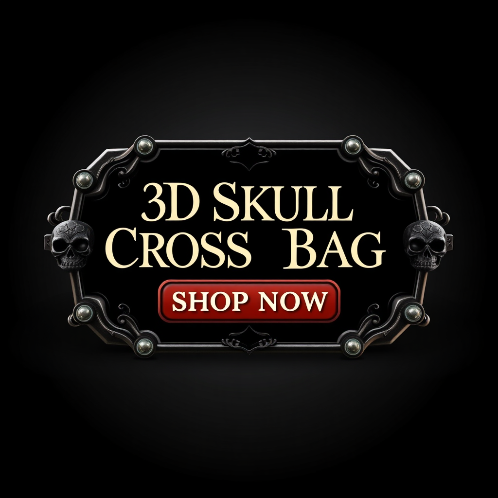 3D Skull Crossbody Çanta satış sayfası için görsel olarak ayrılır bir harekete geçirici mesaj butonu tasarımı. Buton, "Hemen Satın Al" veya "Karanlık Yönünü Ortaya Çıkar" gibi cesur ve ikna edici bir mesaj içeriyor. Tasarım, koyu renkler, yapılandırılmış görseller ve zarif tipografi gibi gotik temanın özelliklerini içeriyor. Buton, takipçilerin dikkatini çekmek ve anında satın almayı teşvik etmek için harekete geçti.