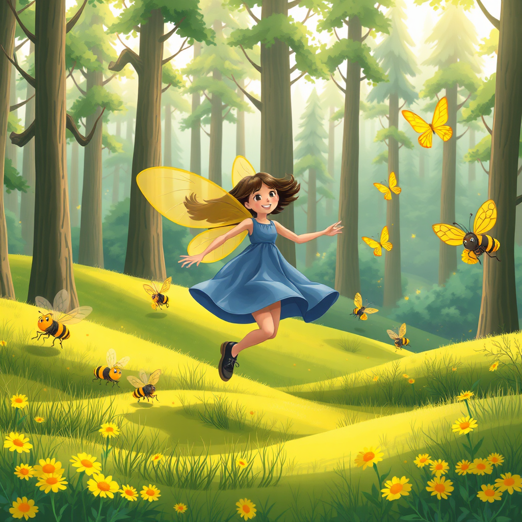 Woman with bee wings running in a forest with bees and butterflies