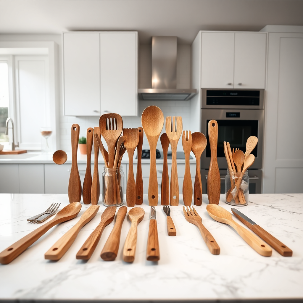 A wide-angle, photorealistic image showcasing the complete wood look utensil set laid out on a marble countertop. The utensils are arranged neatly to showcase their variety and completeness. The background is a bright, modern kitchen. The lighting is even and well-balanced. 8k resolution, hyperrealistic.
