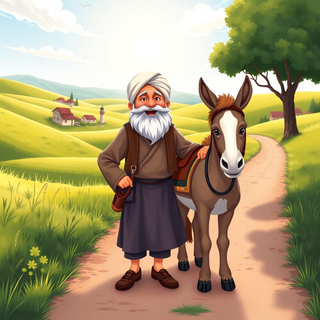 Nasrettin Hoca and his donkey on a sunny path