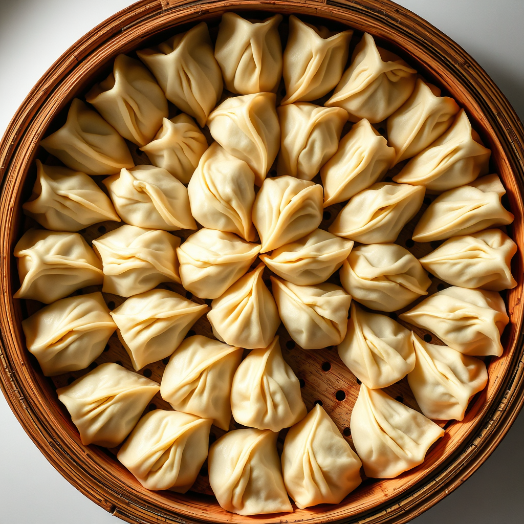 Freshly made dumplings on a steamer.