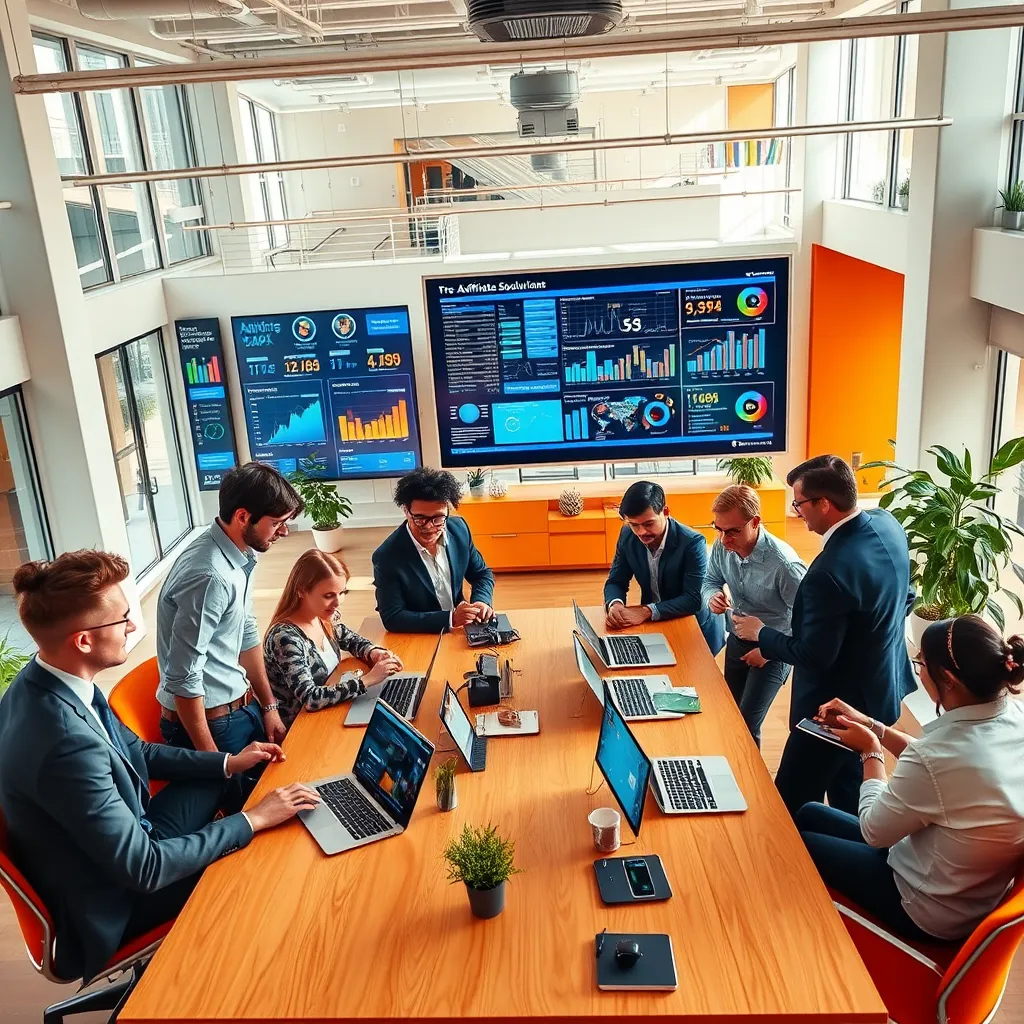 Canlı enerjiyle dolu geniş, açık planlı bir ofis alanı. Modern iş kıyafetleri, çeşitli profesyonellerden oluşan bir ekip, dizüstü bilgisayar ve tabletler kullanarak iş birliği içinde çalışıyor, veri biriktiriyor olarak analiz ediyor ve canlı tartışmalara katılıyor. Atmosferin dinamik ve iş birliğici, dijital pazarlamanın hızlı tempolu doğasını yansıtıyor. Oda doğal ışıkla dolup taşıyor ve enerji ve enerjik bir ortam yaratıyor. Renk paleti cesur ve modern, parlak vurgular ve canlı renk patlamalarını içeriyor. Kompozisyon, ekibin iş birlikçi çalışması ve teknoloji yönetimi vurgulanıyor. Kamera açısı yüksek ve geniş, tüm alan yakalanıyor ve ekibin dinamizmini sergiliyor. Görüntüde, Creative Solutions tarafından kullanılan geliştirilmiş şeffaflığın çeşitli pazarlama politikaları ve analizlerini görüntüleyen büyük bir dijital ekran yer alıyor. Genel ruh hali, şirkete bağlı kuruluş pazarlaması ve dijital ürün tanıtımındaki uzmanlığını sergileyen profesyonellik, gelişmişlik ve başarıdan oluşur. Ofis ortamının karmaşık ayrıntılarını, ekibin ömrünü ve bağlantılarını tek bir netlik ve genişletilebilirlikle yakalayarak görüntülemeyi ultra yüksek birleşimlerle birleştirir.