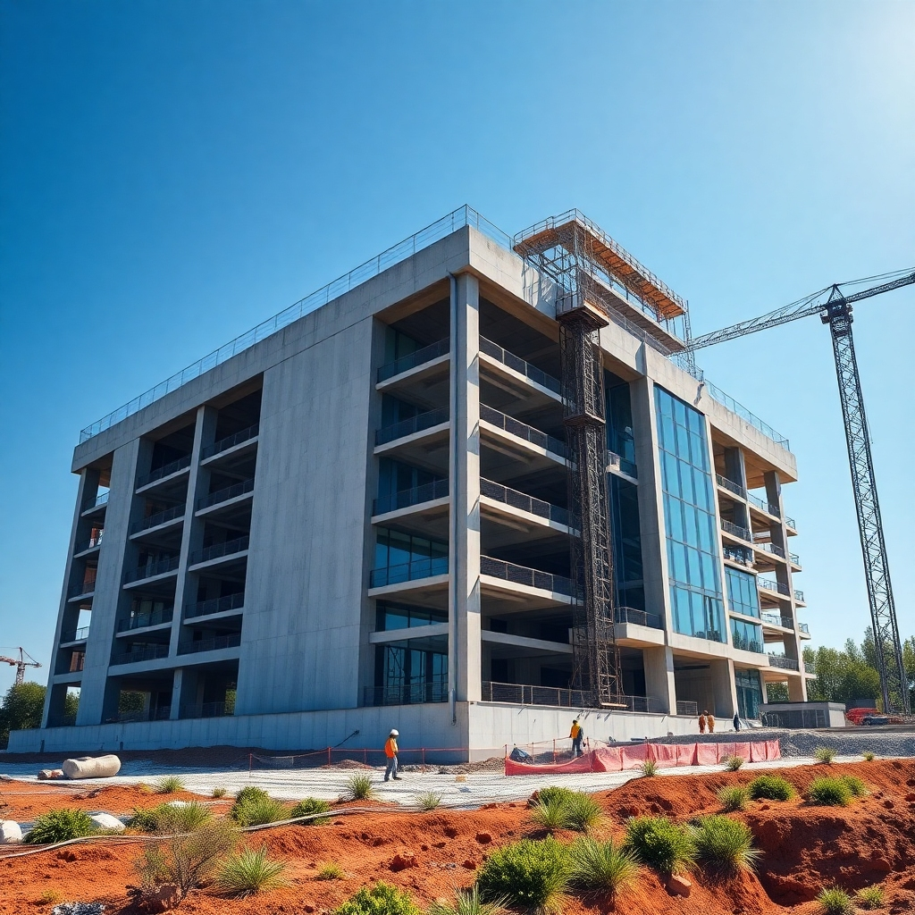 An ultra-high-quality, photorealistic image, 8K resolution, depicting a construction site with a gleaming modern building under construction.  The lighting is bright and natural, showcasing the details of the building's structure and the progress. A strong contrast of light and shadow creates depth and drama. The color palette includes the cool tones of concrete, steel, and glass, contrasted with the warm earth tones of the landscape surrounding the site. The camera angle is a wide shot, capturing the scale of the project and emphasizing the construction progress. Textures include smooth concrete, rough steel, and glistening glass.  Workers are visible but not central; their activities are shown with a focus on the ongoing work. Environmental elements include a clear blue sky and green landscaping, highlighting the surrounding beauty.  The style references architectural photography and photojournalism. The overall mood is one of efficient progress, precision, and structural beauty.