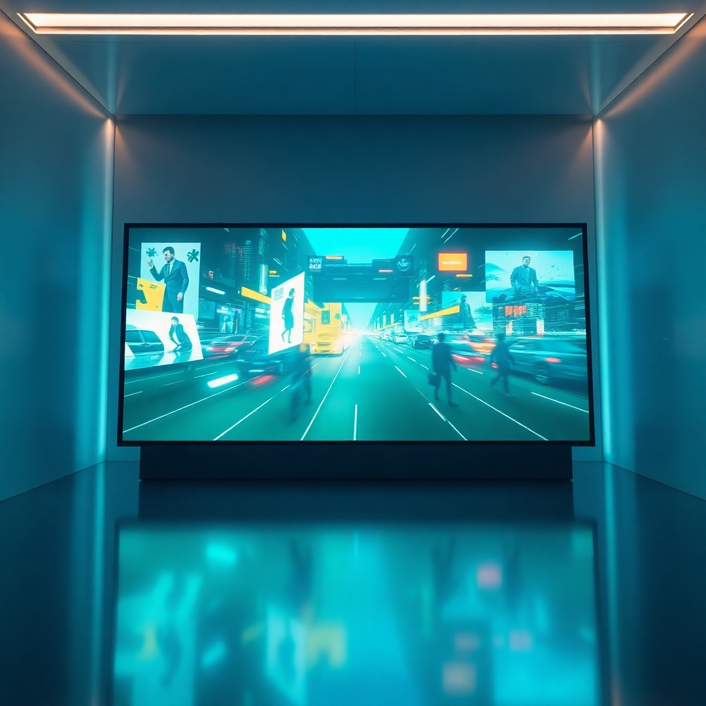 An ultra-high-resolution (8K), hyperrealistic image depicting a futuristic interface.  The scene is dominated by a large, holographic screen showcasing a dynamic video being created in real-time. The screen displays diverse, fast-paced scenes: product shots, animation, text overlays. Soft, cool-toned lighting illuminates the screen, while subtle ambient lighting enhances the surrounding environment. The color palette consists of deep blues, greens, and accented with vibrant, glowing elements on the screen. The camera angle is from a slight upward perspective, emphasizing the vastness of the holographic screen.  The environment is minimalist, clean lines with reflective surfaces subtly reflecting the holographic screen. The overall mood is futuristic and technologically advanced.  The style should emulate the visual style of science fiction films, referencing the clean designs of Syd Mead's concept art and Ridley Scott's Blade Runner. The scene contains minimal metallic textures, and the screen's surface exhibits a highly polished reflective finish.  The image should feel powerful and inspiring.