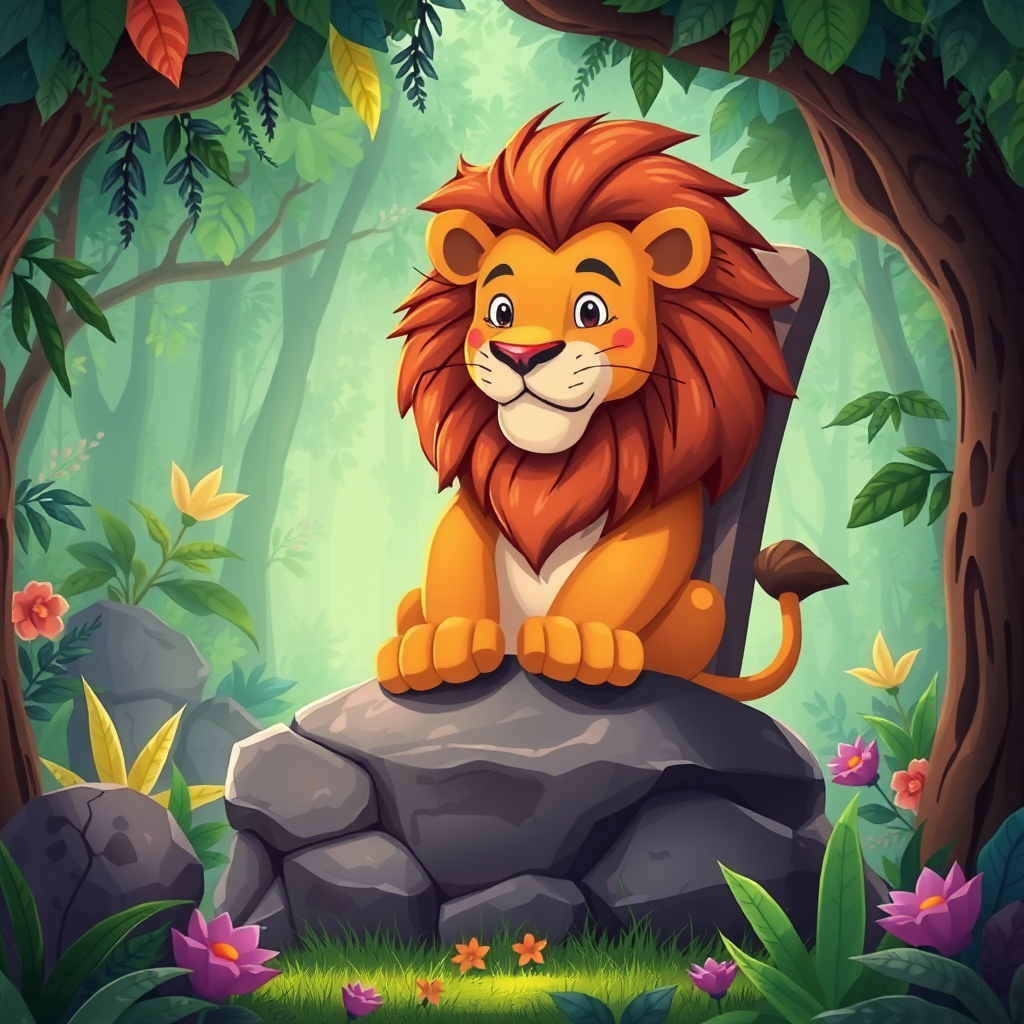 Arrogant lion on his throne in the jungle