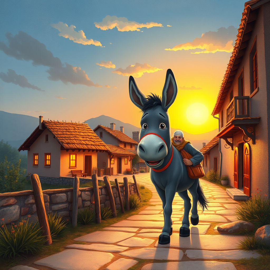 Nasrettin Hoca and donkey arrive at village at sunset