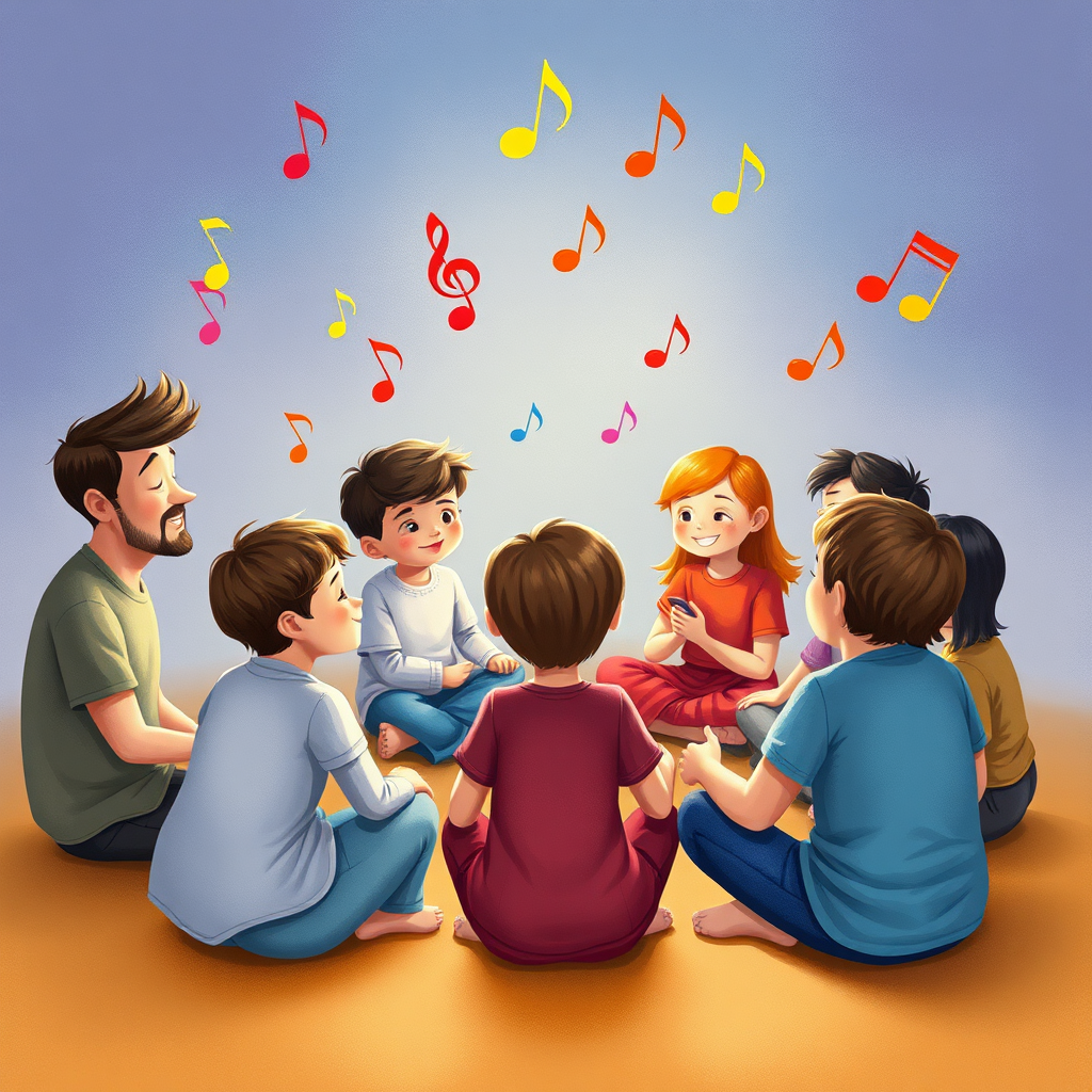 People of all ages listening peacefully to music with colorful notes in the air.