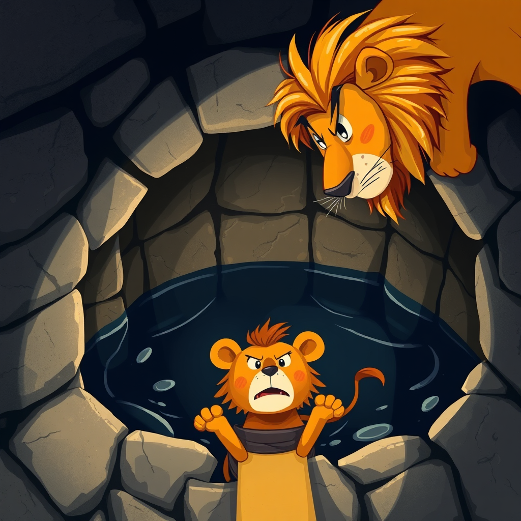 Illustration of the lion seeing his reflection in the well.