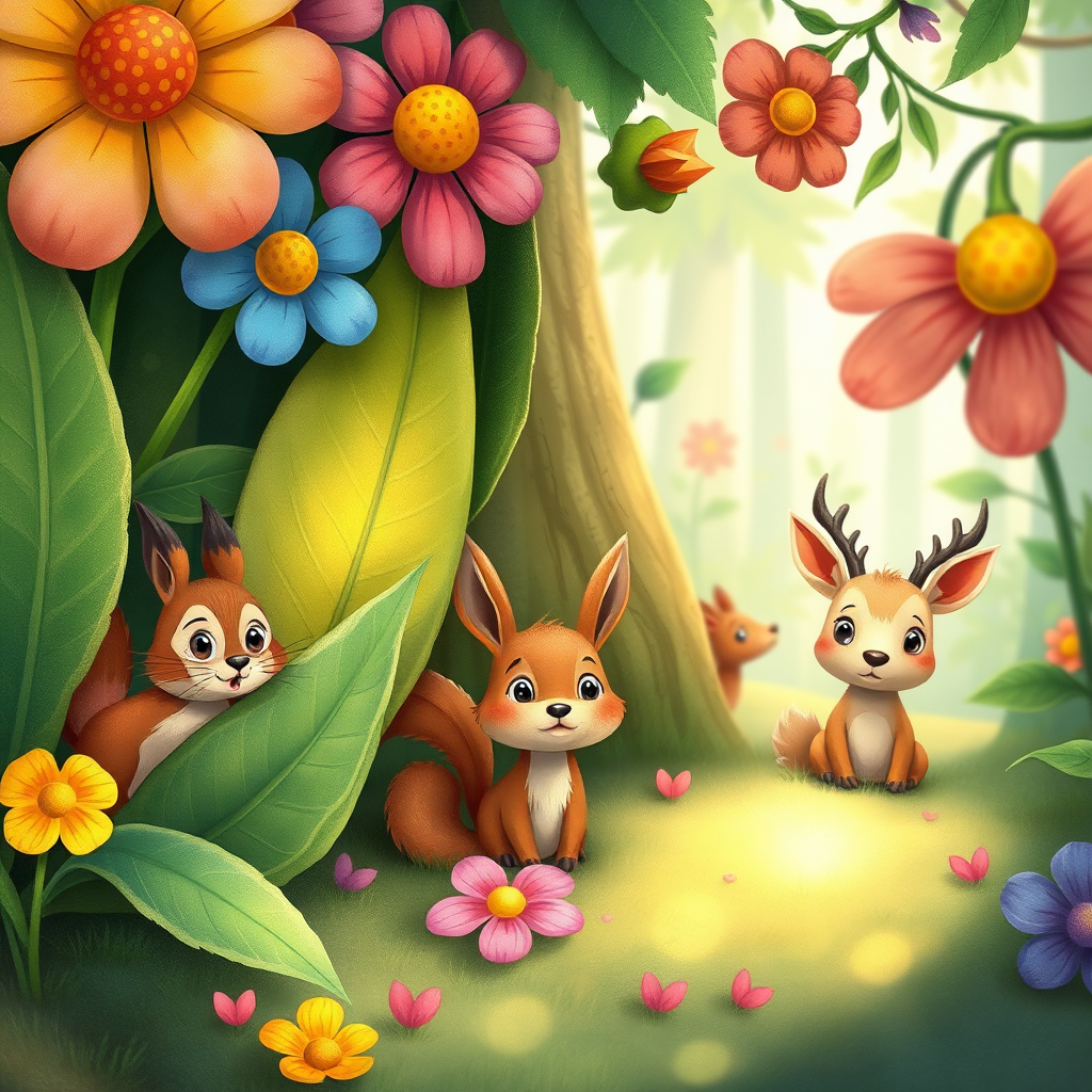 Illustration of forest animals hiding from the lion.