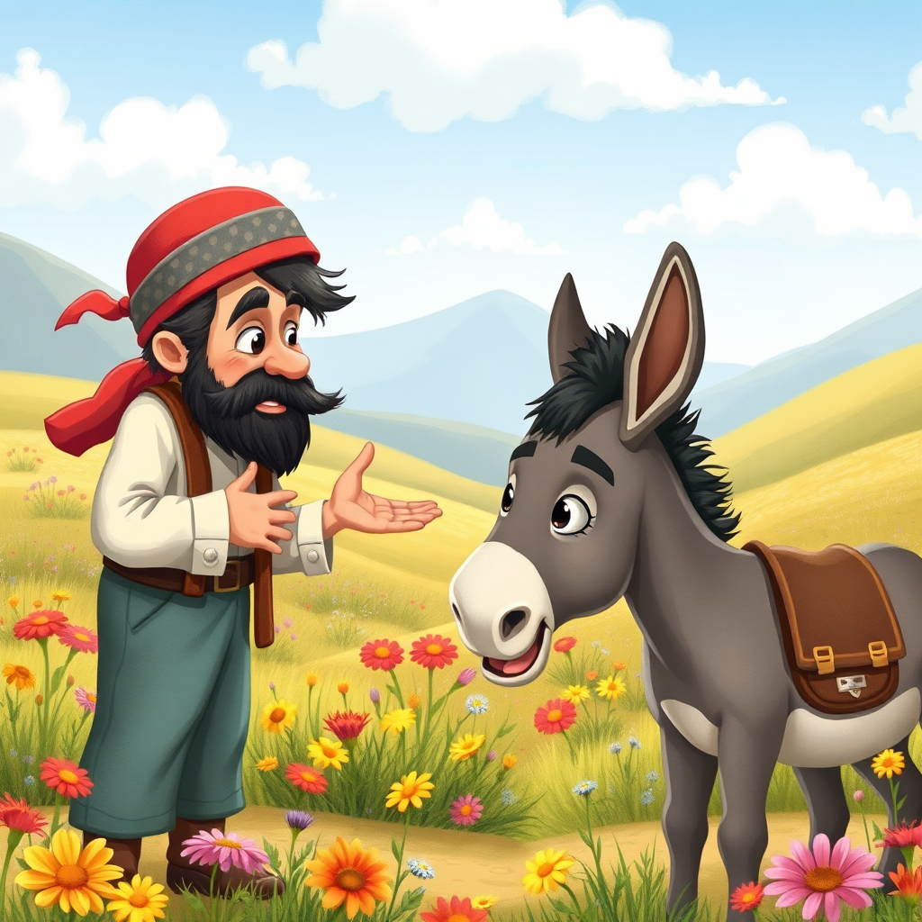 Nasrettin Hoca speaking kindly to his stubborn donkey