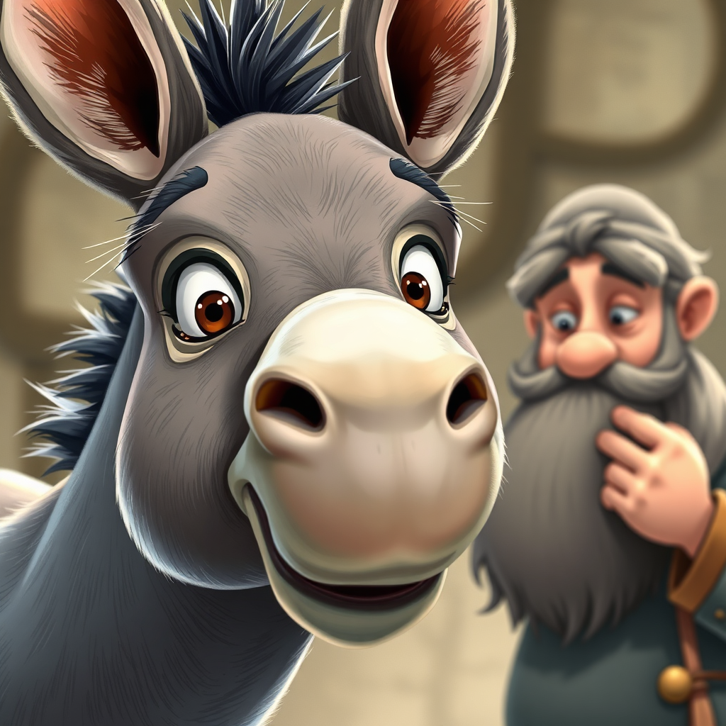 Close-up of a stubborn donkey's defiant face
