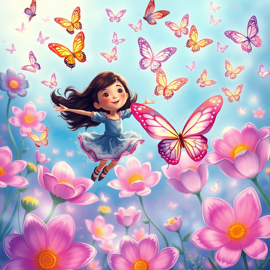 Maya and Willy flying with colorful butterflies in a mysterious garden