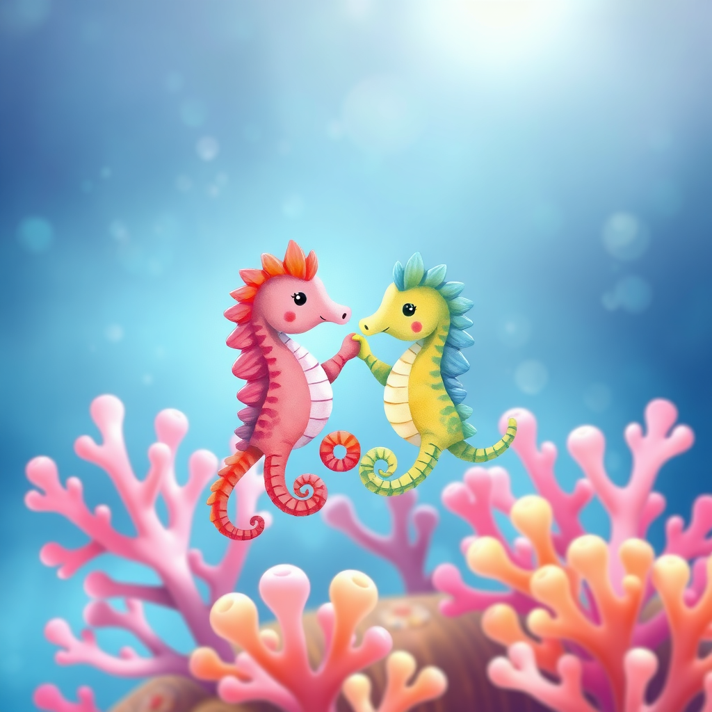 Children's book illustration of two seahorses dancing