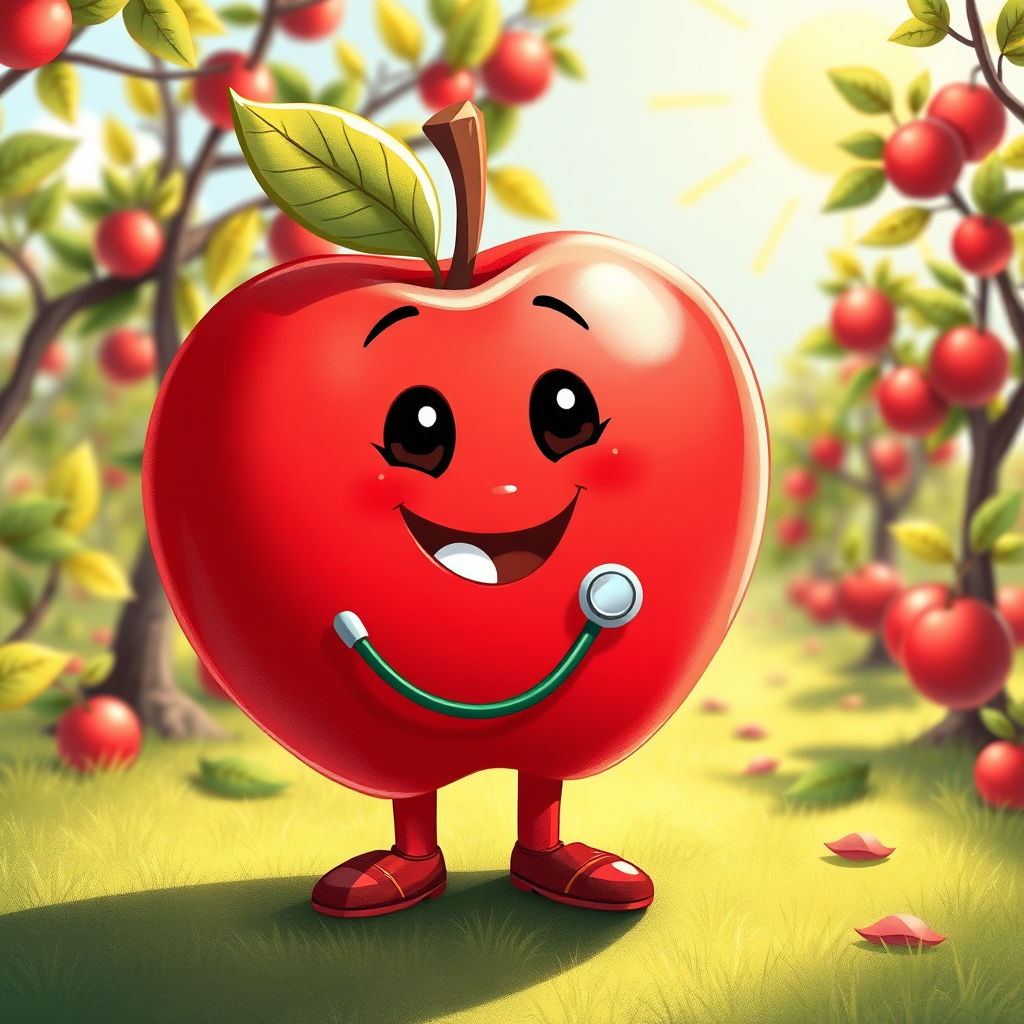 Smiling apple character with a stethoscope.