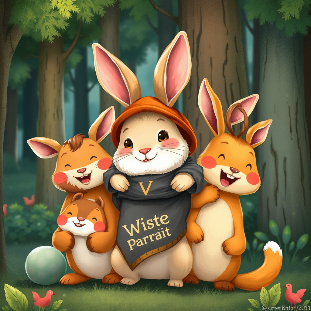 Wise rabbit celebrated by forest animals