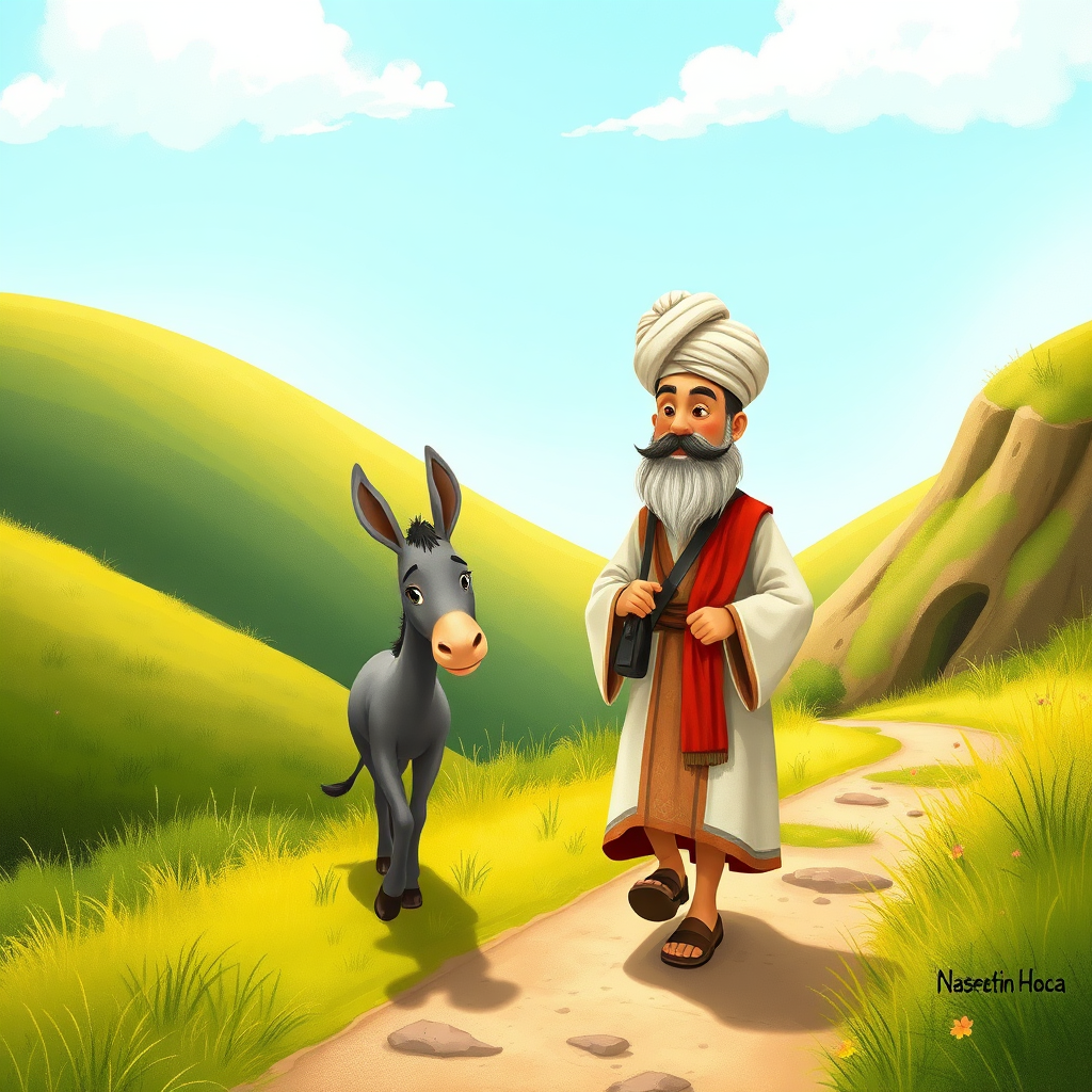 Nasrettin Hoca and his donkey walking through green hills