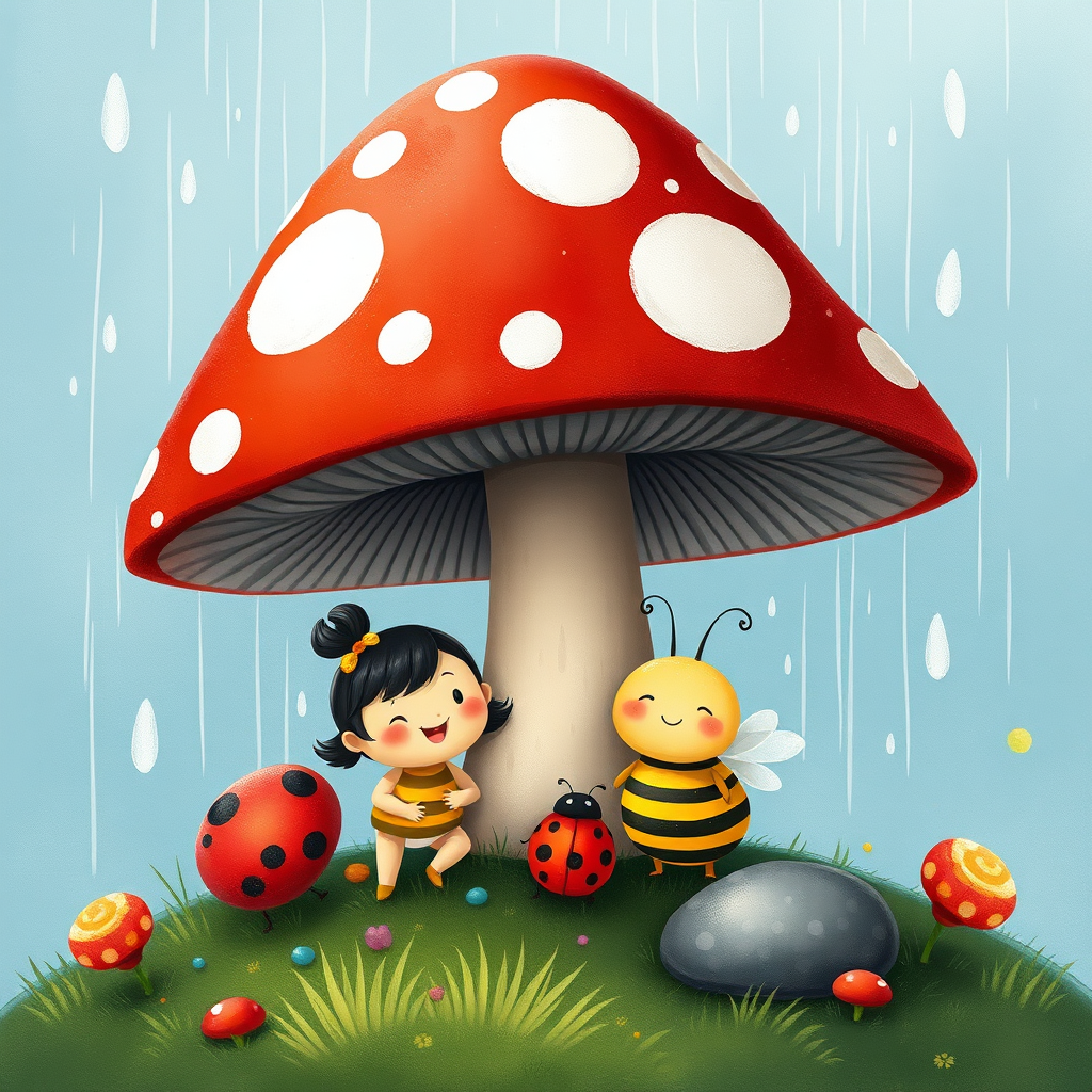Characters sheltering under a mushroom during rain