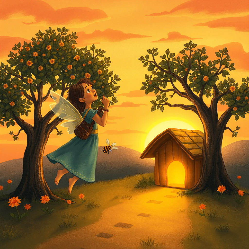 Maya returning to her beehive at sunset