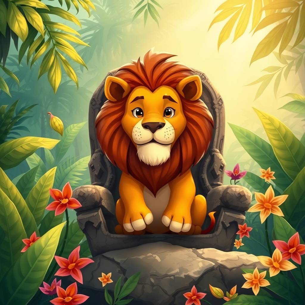 Illustration of an arrogant lion on a stone throne in a jungle.