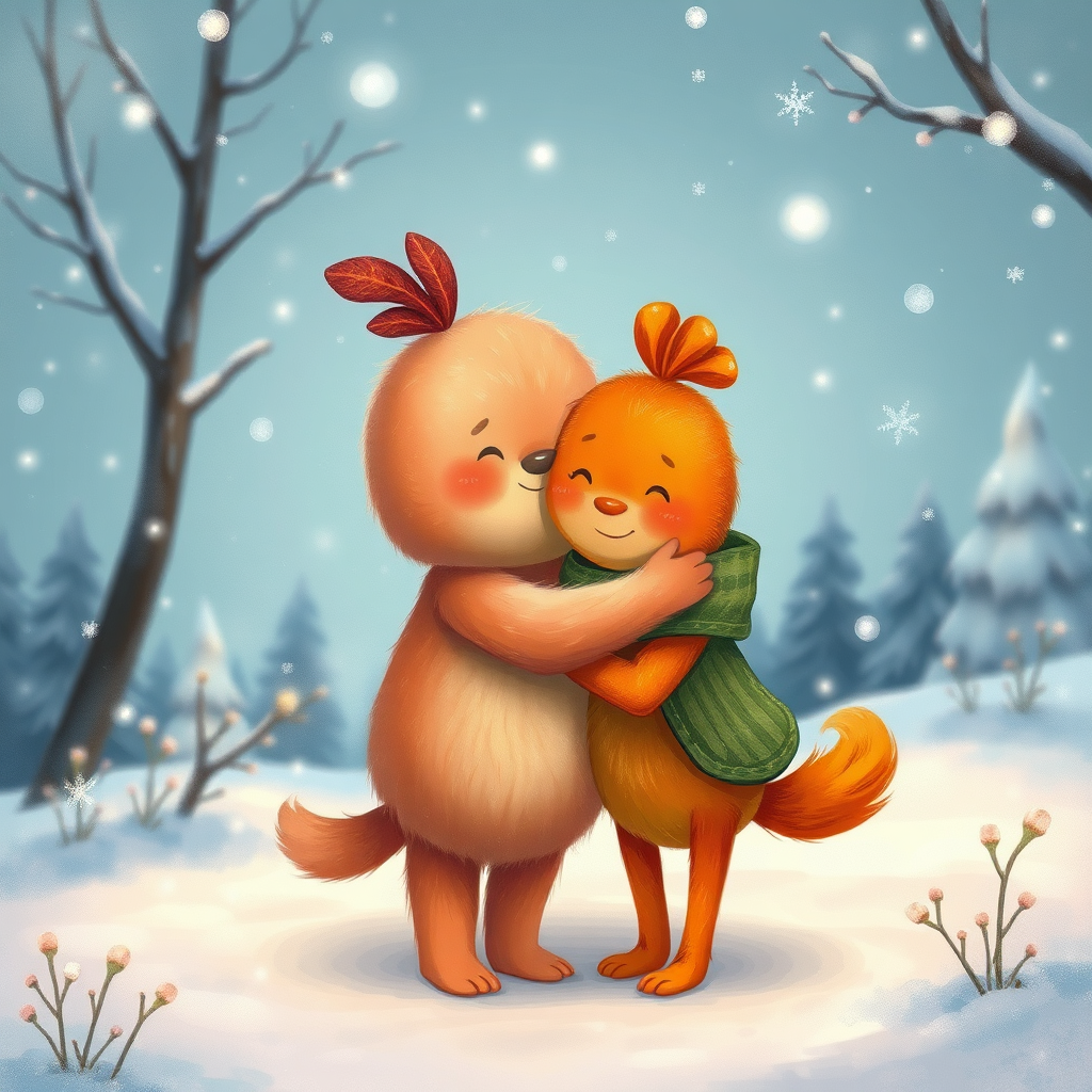Peach and orange characters hugging in a winter scene.