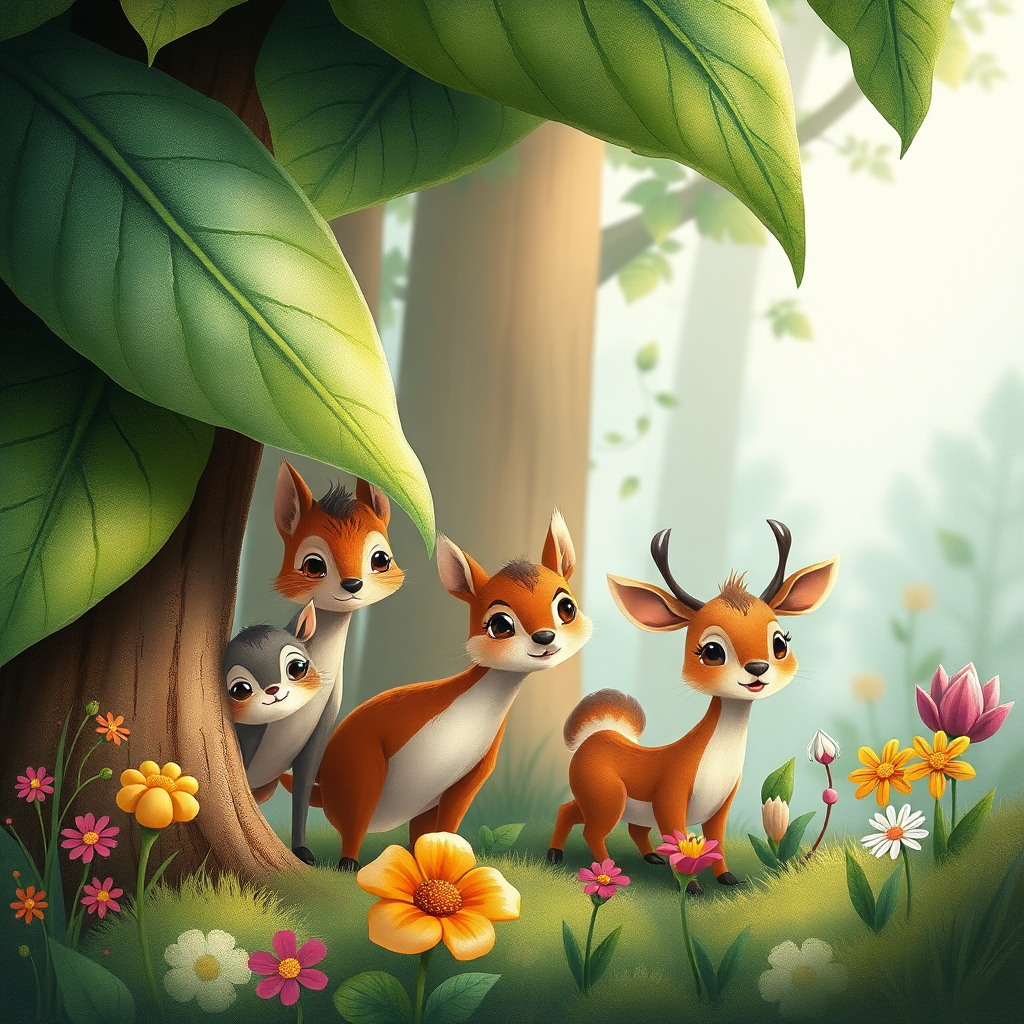 Scared forest animals hiding behind leaves