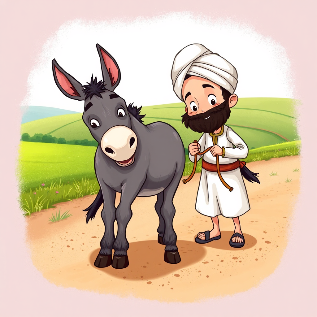Stubborn donkey refusing to move, Nasrettin Hoca looks surprised