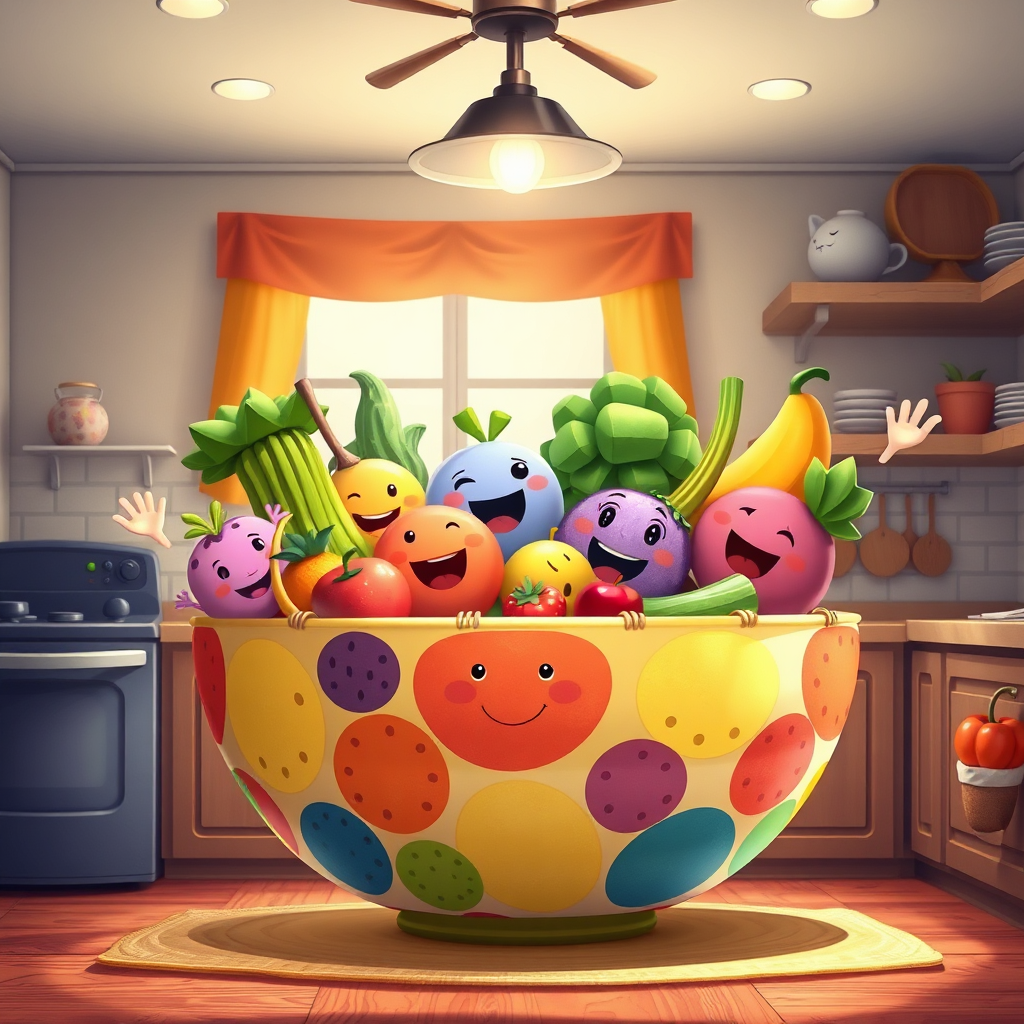 All fruit characters together in a big bowl.