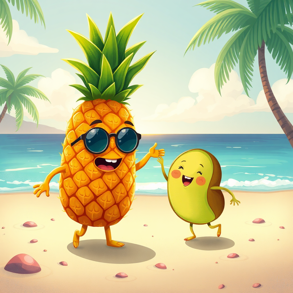 Pineapple and kiwi characters dancing on a beach.