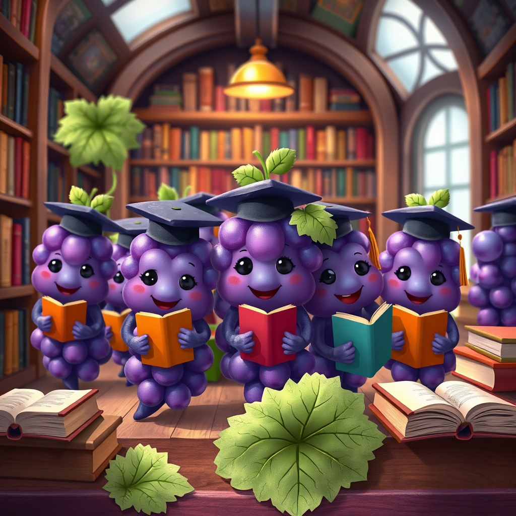 Smart grape characters wearing graduation caps in a library.