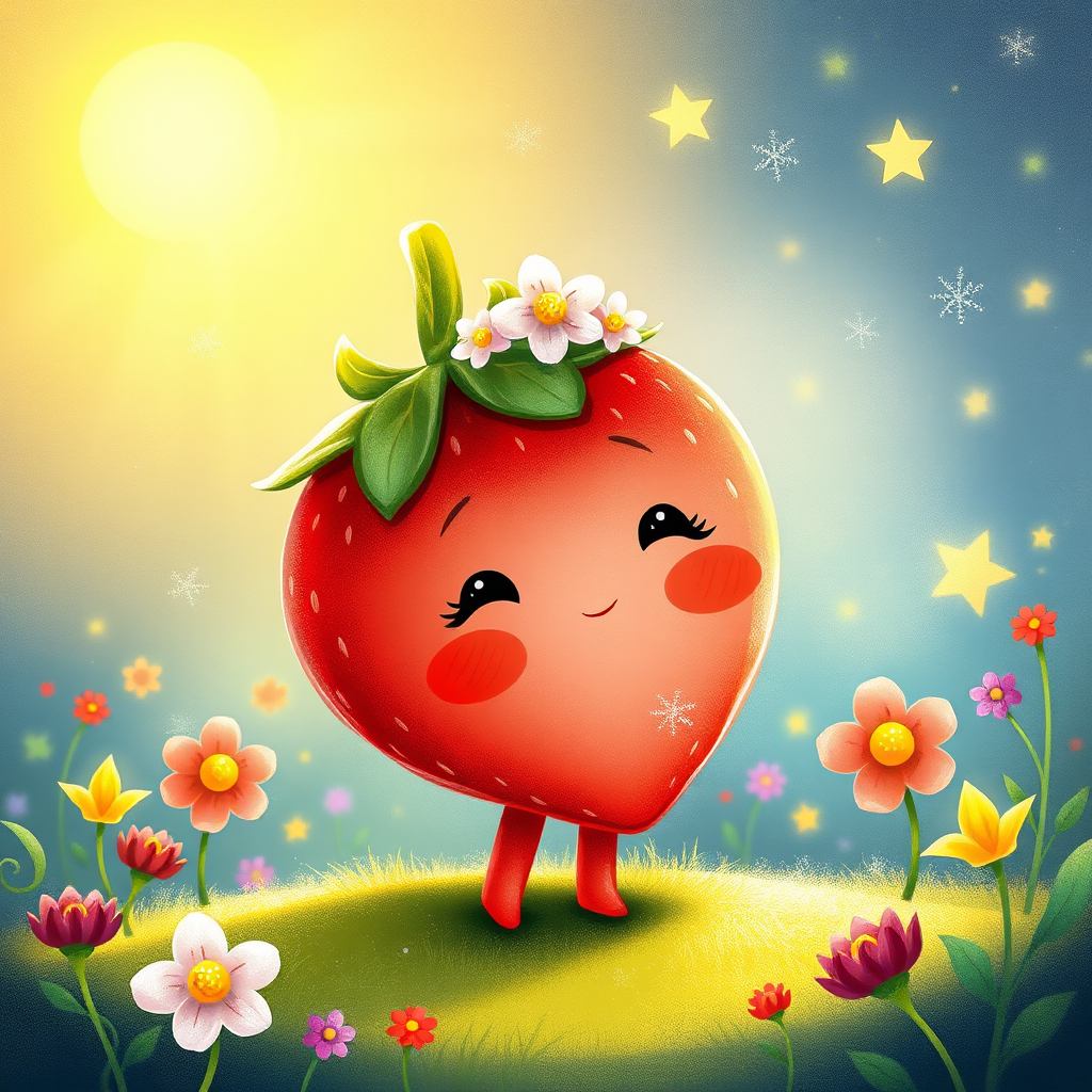 Sweet strawberry character with a flower crown.