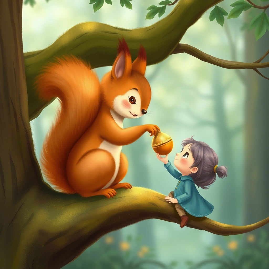 Wise squirrel giving Elif a hazelnut