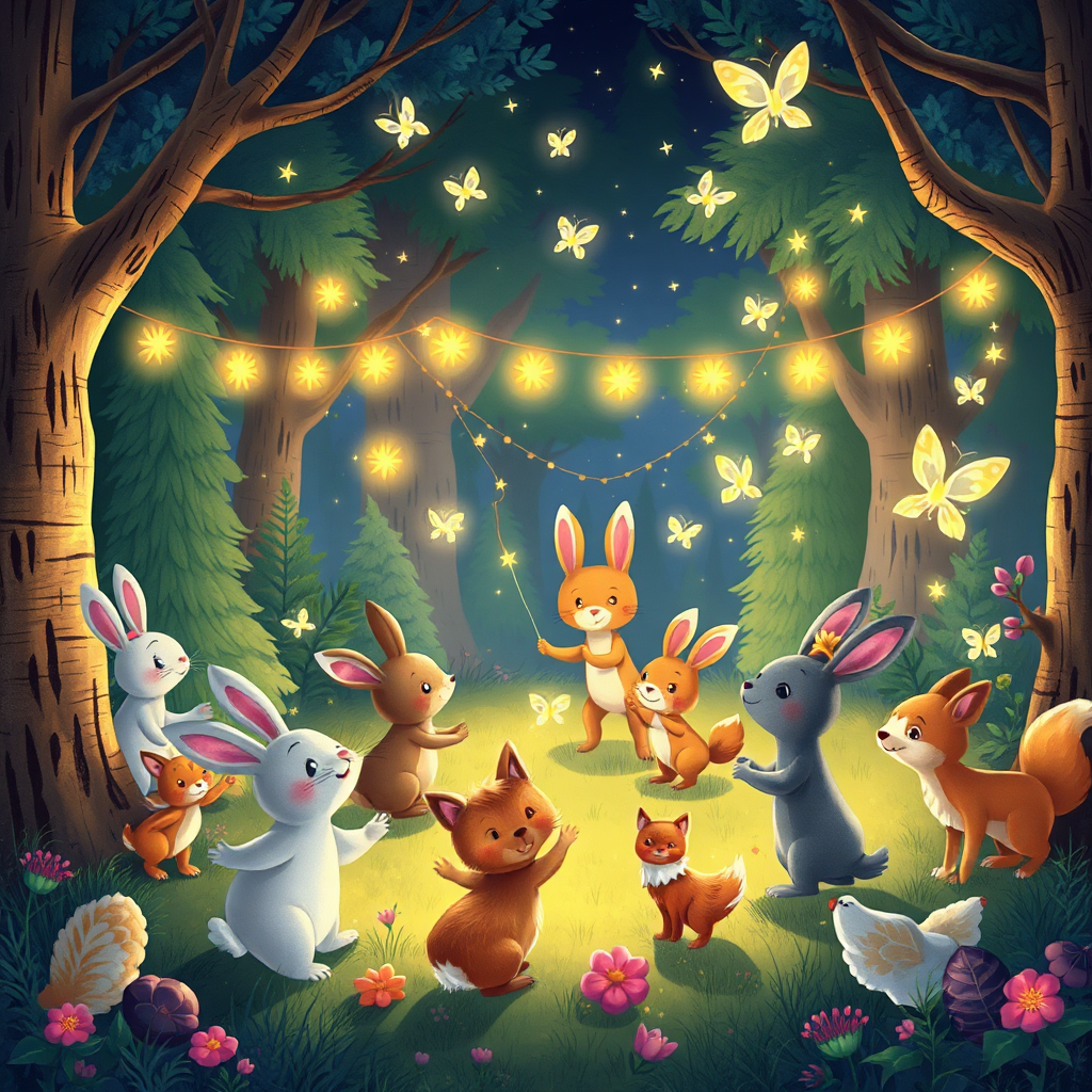 Forest animals and fairies celebrating