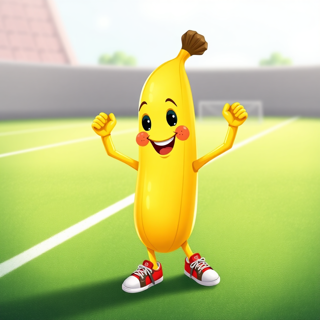 Energetic banana character flexing its muscles.