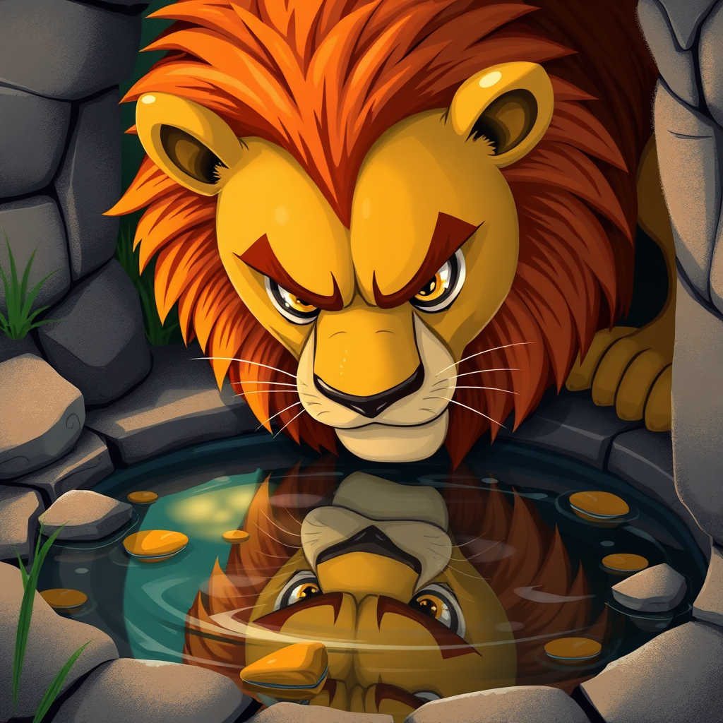 Lion sees his angry reflection in the well water