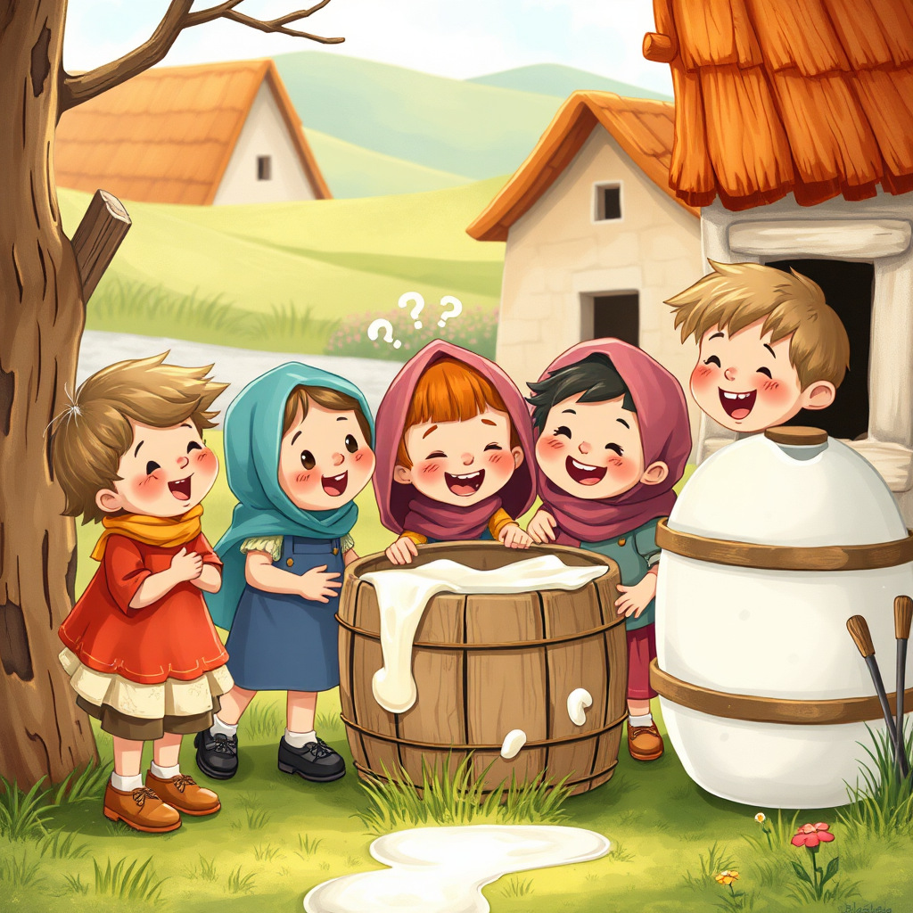 Children laughing at the milk barrel