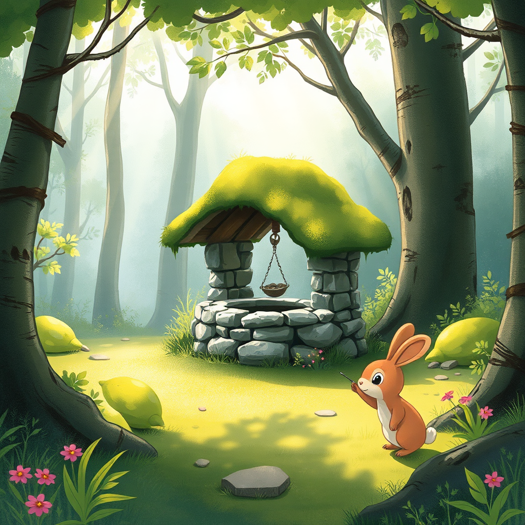 Illustration of an ancient well in a forest clearing.