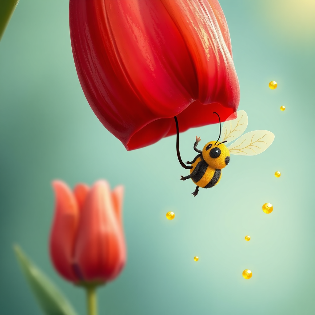 Maya the bee landing on a red tulip