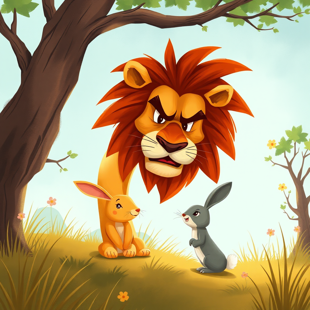 Tiny rabbit talking to a giant, furious lion