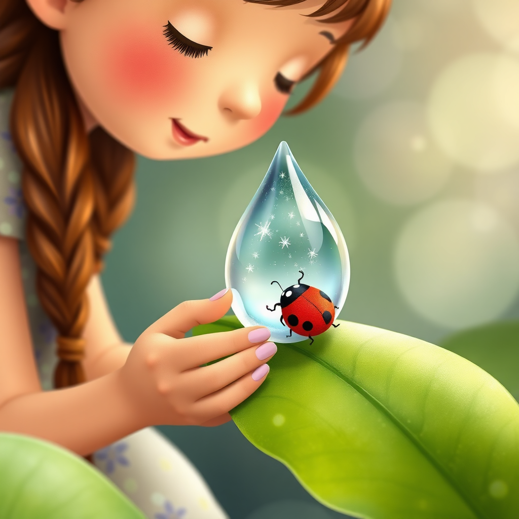 Maya helping a thirsty ladybug with a dewdrop