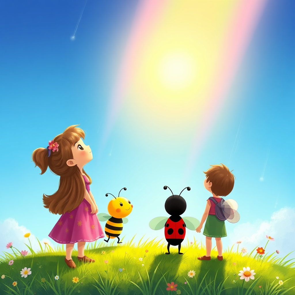 Maya and friends looking at a giant rainbow