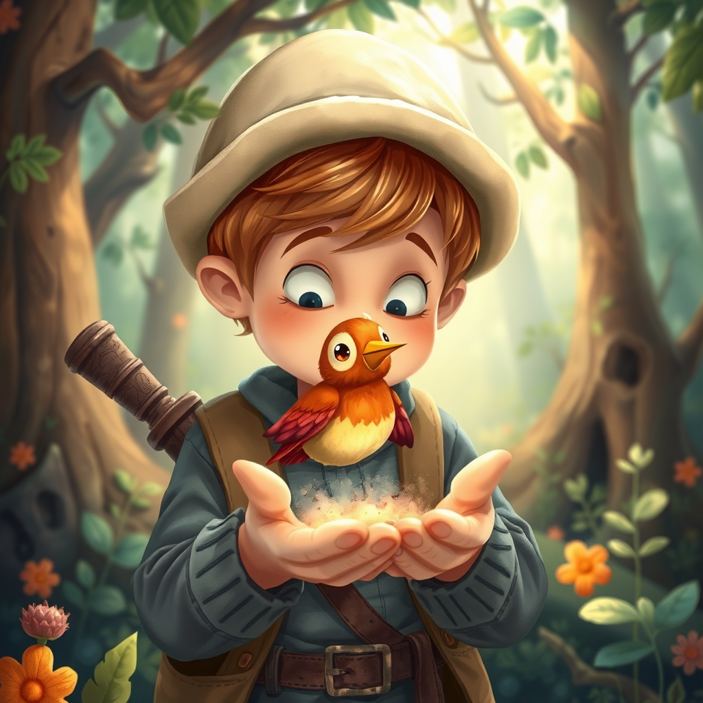 Hunter gently holding a colorful bird