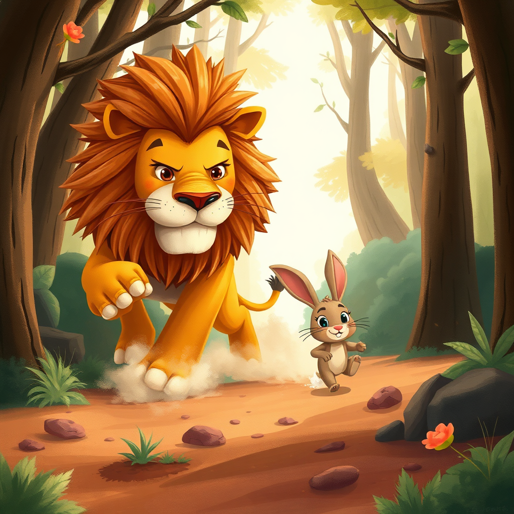 Lion stomping through the forest chasing a rabbit