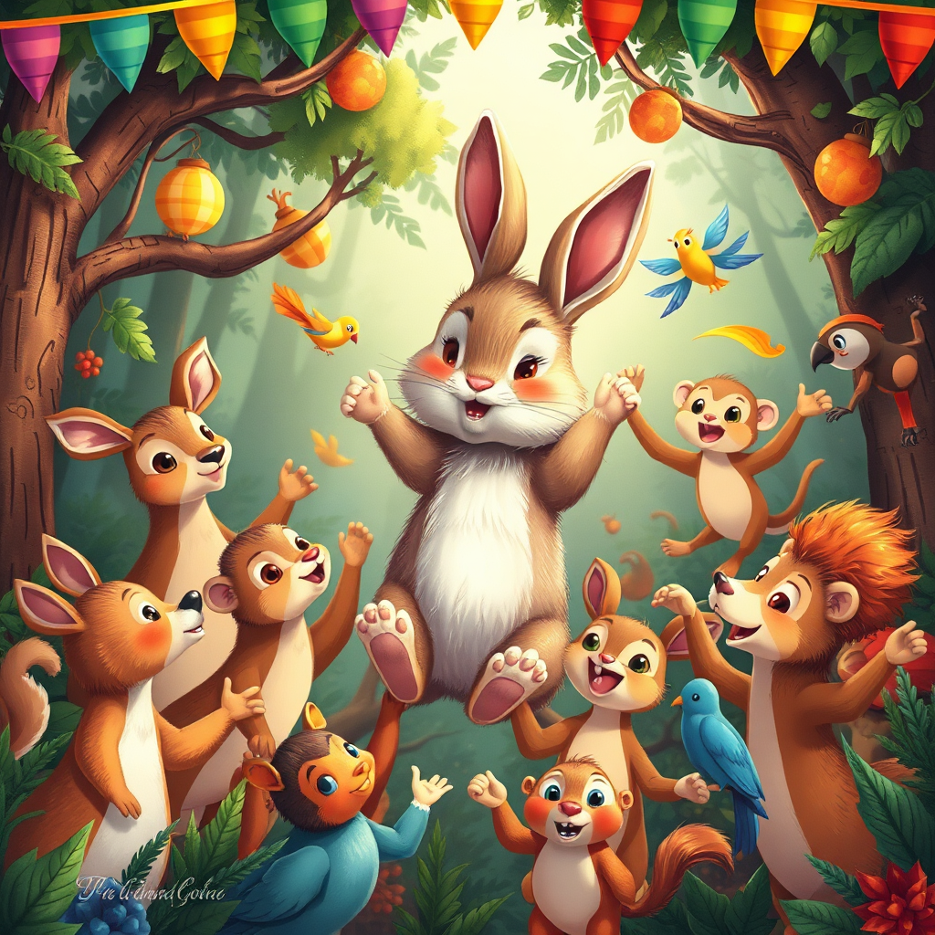 Illustration of forest animals celebrating with the rabbit.