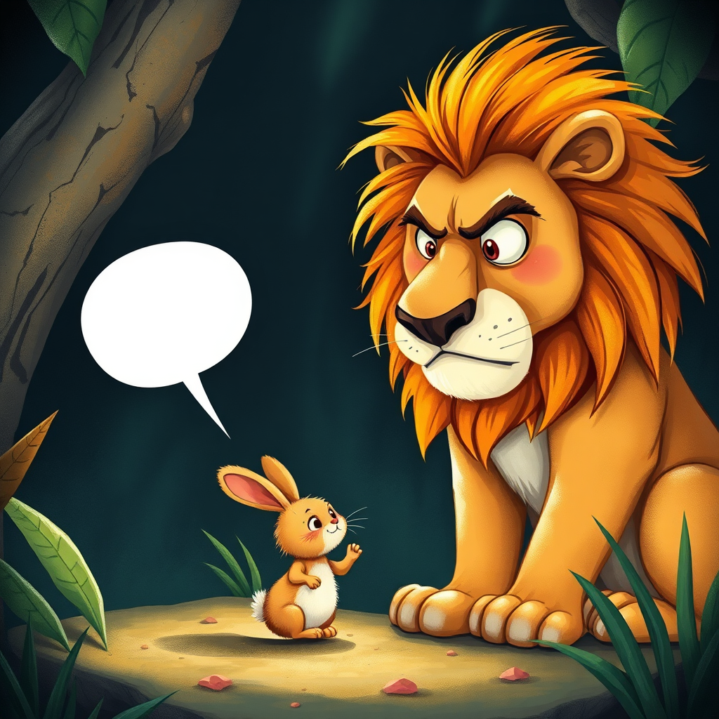 Illustration of the rabbit speaking to the arrogant lion.