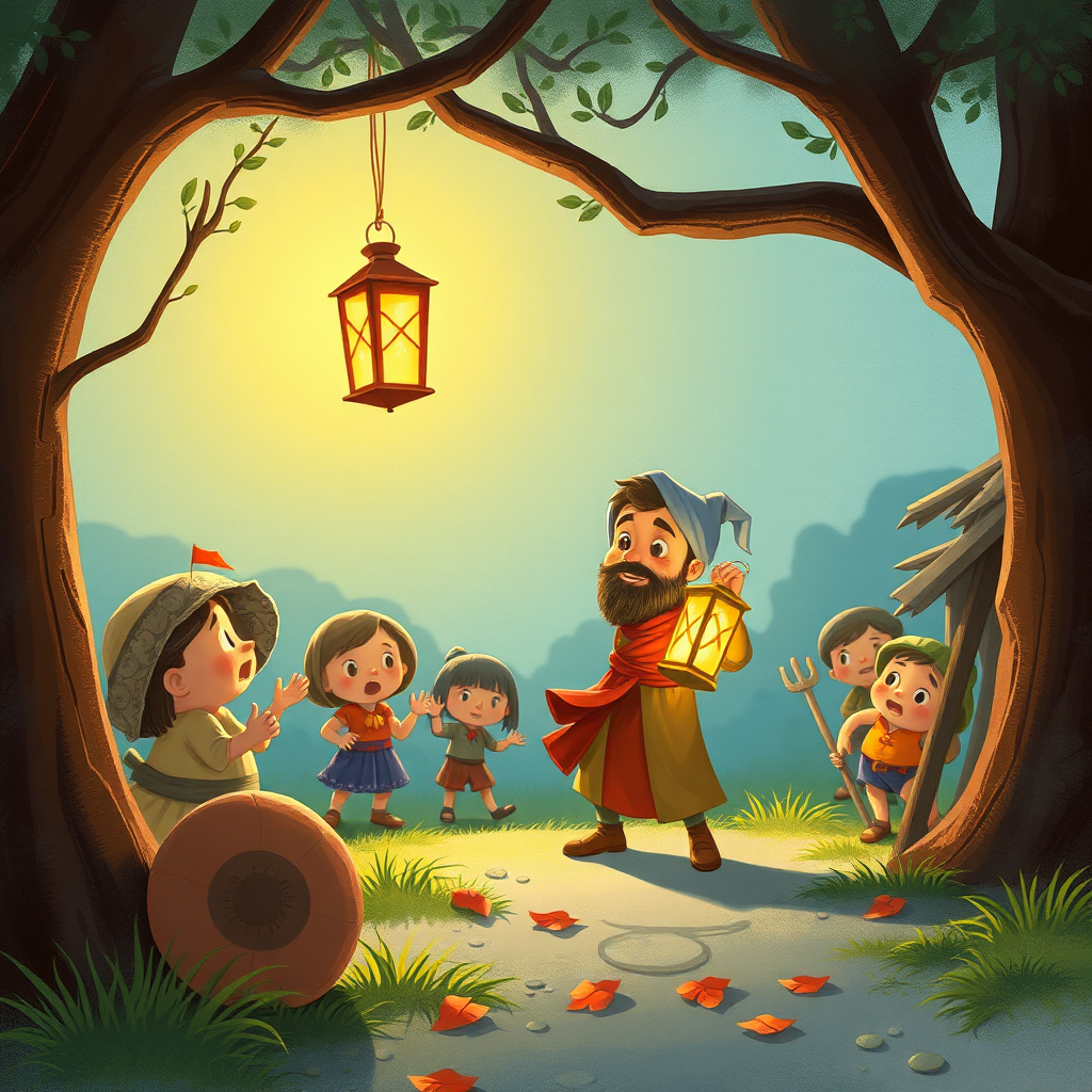 Nasrettin Hoca looking for money with a lantern