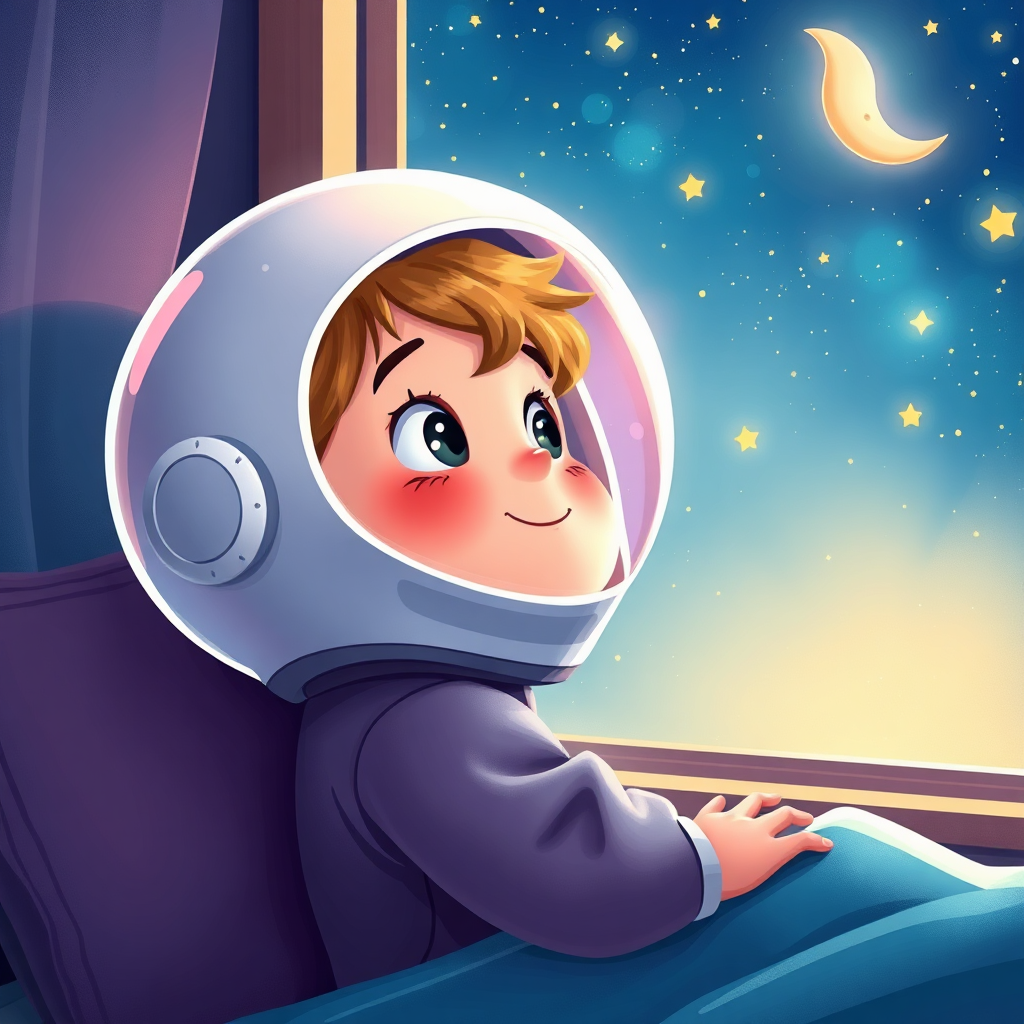Alp looking at the stars through his telescope