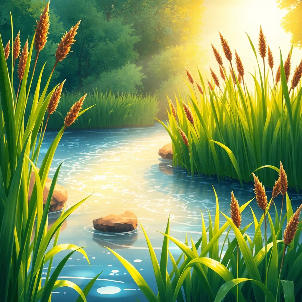 A lush green reed bed by a sparkling river with golden sunlight.